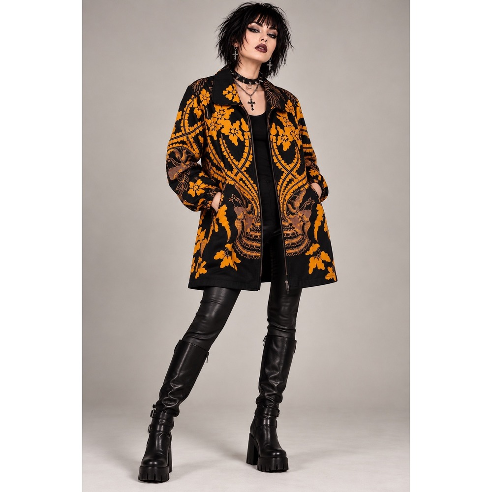 Black Orange Crane Batik Print Zip Jacket Art Wear Large